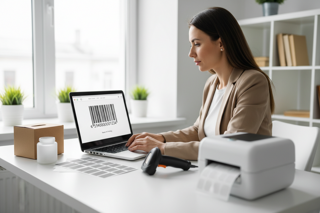 Antreprenor generează un cod de bare pentru produse folosind un computer într-un spațiu de lucru modern.