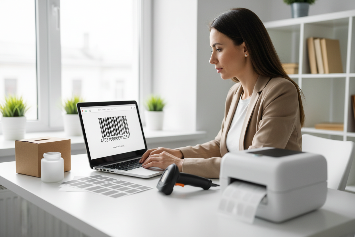 Antreprenor generează un cod de bare pentru produse folosind un computer într-un spațiu de lucru modern.