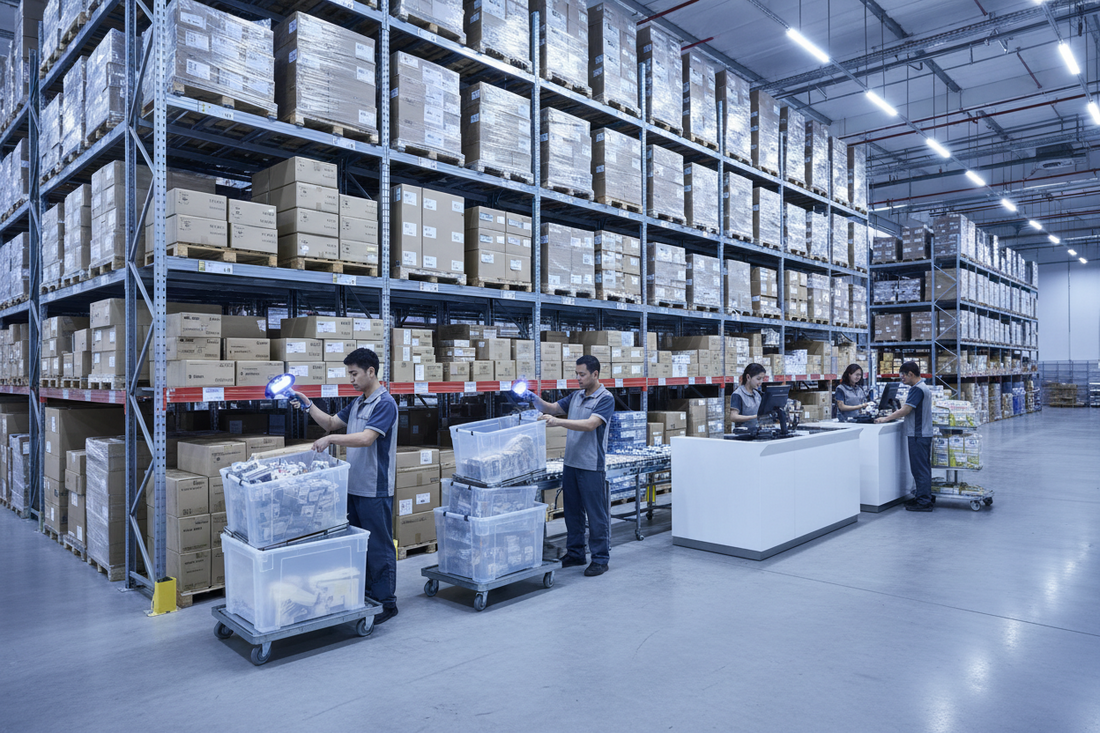 Angajați scanând coduri de bare pe produse într-un depozit modern pentru gestionarea stocurilor și pregătirea comenzilor.