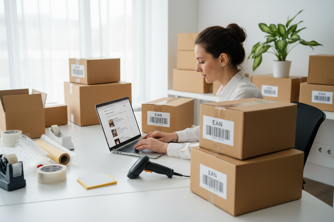 Antreprenor pregătește produse cu coduri EAN pentru vânzare pe eMAG, Amazon și Shopify.