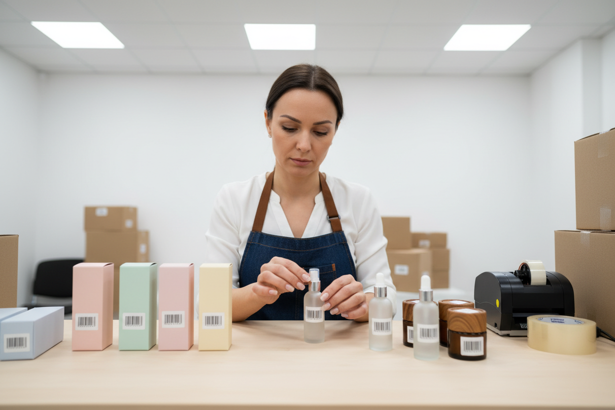 Antreprenor pregătind produse cu coduri de bare pentru vânzare în magazine și online.