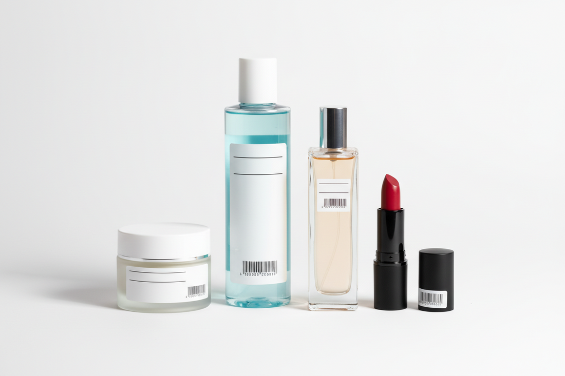 Produse cosmetice cu etichete și coduri de bare pe ambalaje