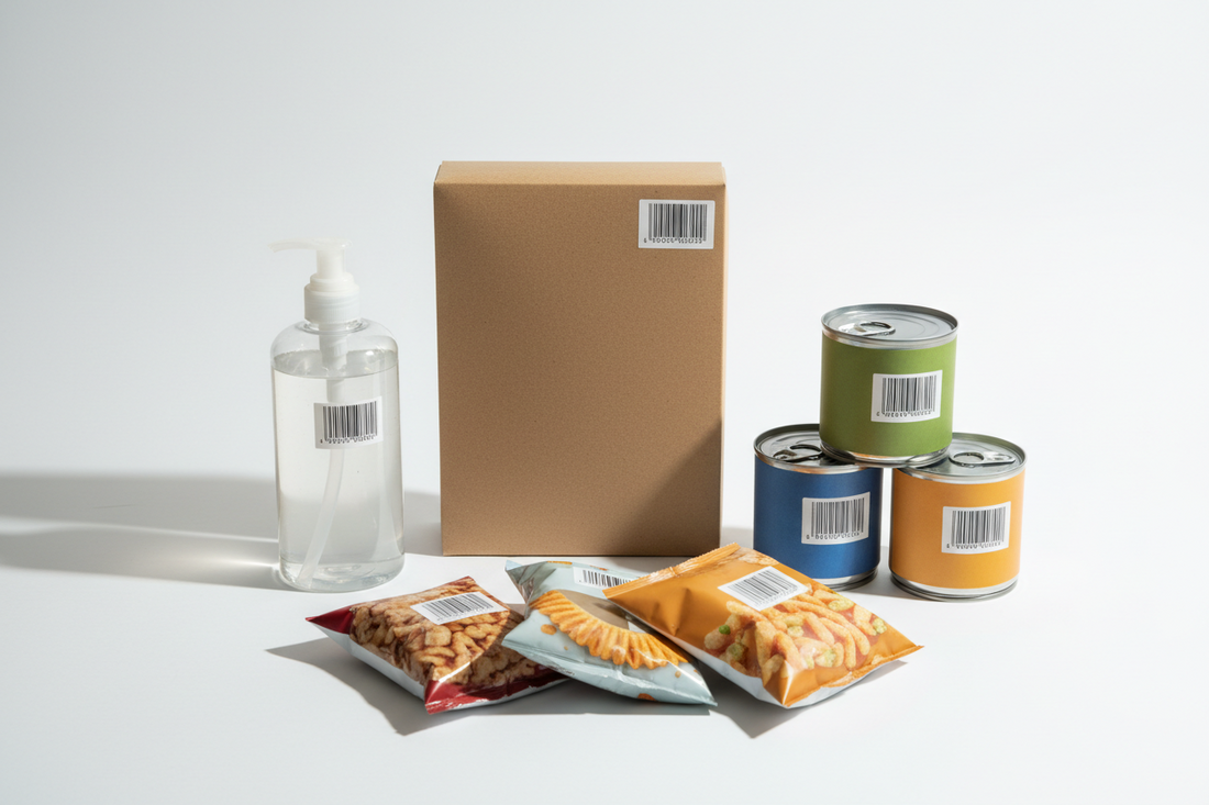 Produse comerciale cu coduri de bare utilizate pentru identificarea și organizarea produselor.