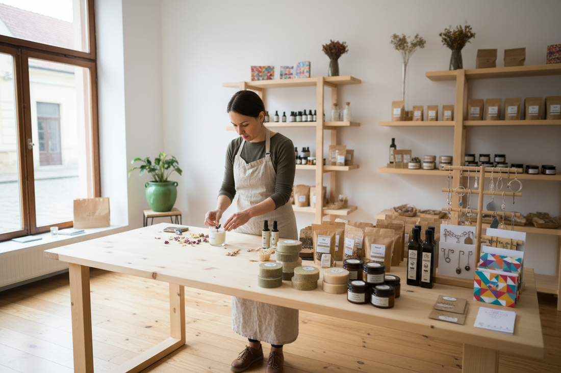 Produse handmade ale unei mici afaceri din România, cu etichete cu coduri de bare pregătite pentru vânzare în magazine și online.