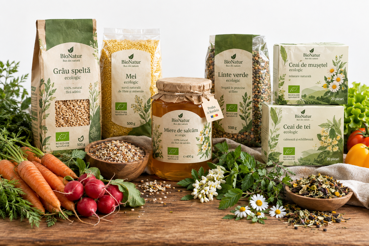 Produse alimentare bio ambalate cu coduri de bare pentru comercializare în România