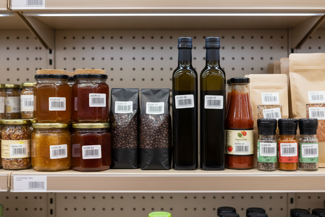 Produse alimentare ambalate cu coduri EAN pregătite pentru comercializare.