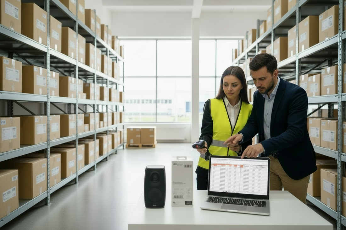 Verificarea codurilor de bare duplicate pentru produse într-un depozit, folosind un scanner și un sistem digital de inventar.