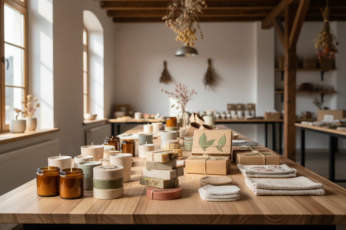Produse handmade și artizanale cu etichete și coduri de bare într-un atelier din România