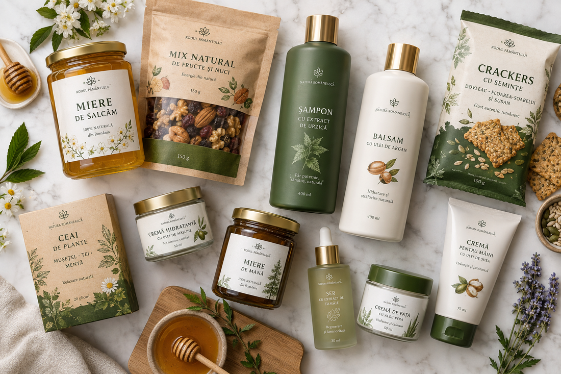 Produse marcă proprie din România cu coduri de bare pe ambalaje de alimente, cosmetice și produse de îngrijire.