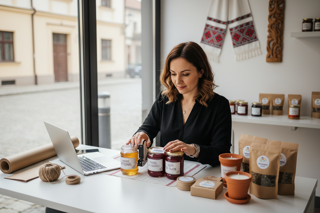 Antreprenor din România care pregătește produse și aplică etichete cu coduri de bare pentru vânzarea în magazine și online.